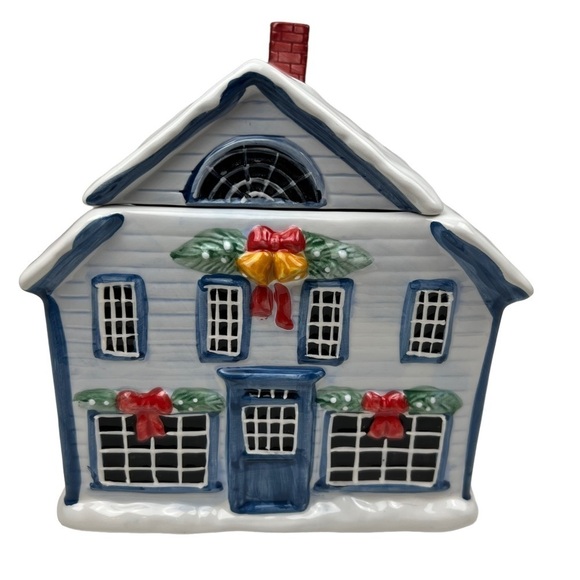 Holiday Cookie Jar David Carter Brown Sakura Blue Christmas Valley Inn Ceramic - Picture 3 of 14